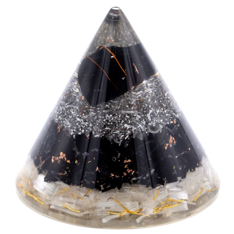 Cono de orgonita con selenita y turmalina negra - decoración elegante Altura 90 mm, resina de poliéster, protección contra la contaminación electromagnética