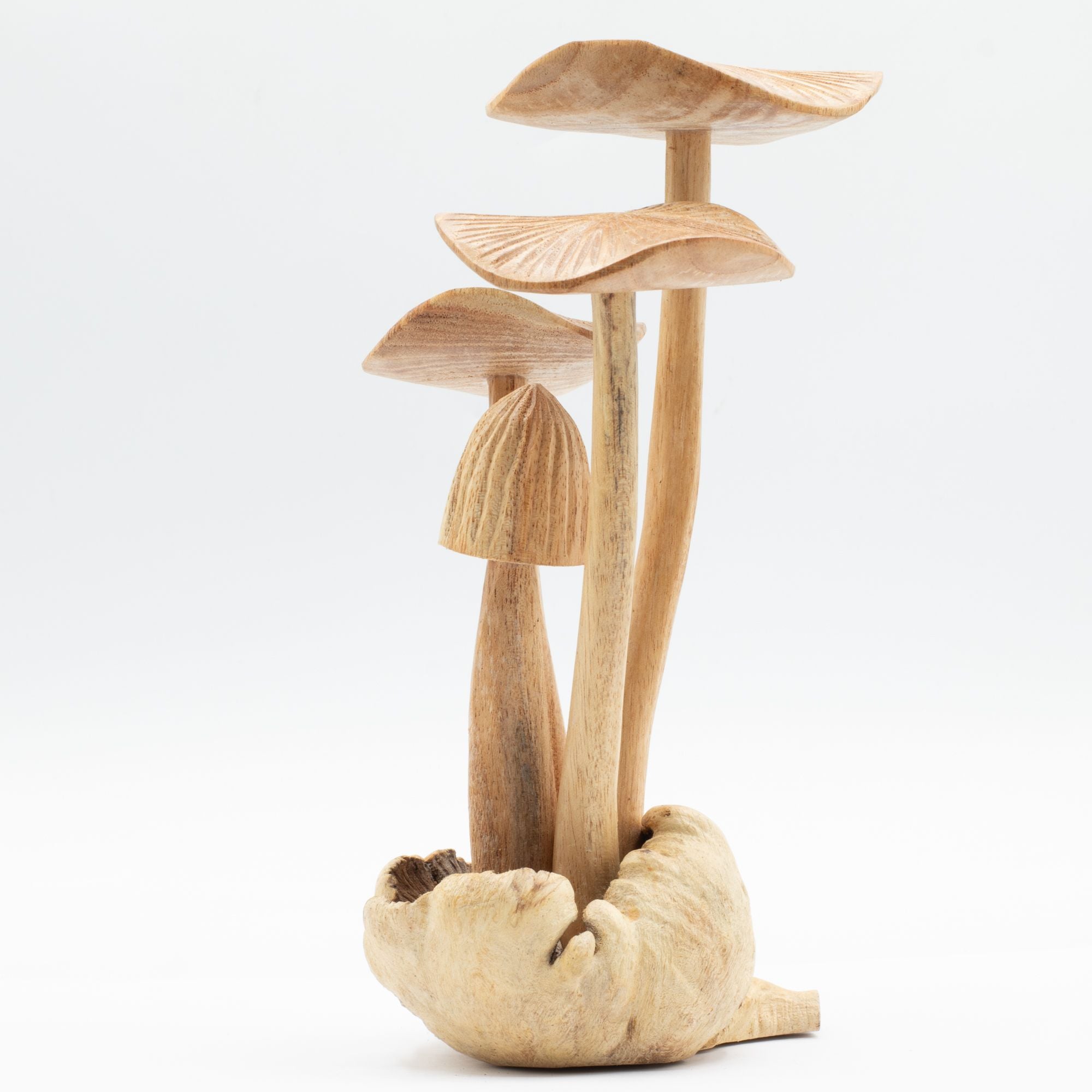 Set de 4 grandes hongos forestales tallados a mano en madera natural, ideales para regalo - Altura 14 cm, estilo rústico único, perfectos para decoración interior