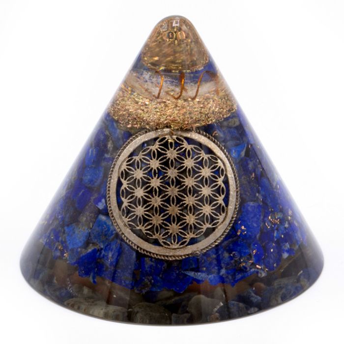 Cono de Orgonita Lapislázuli Flor de la Vida con Cuarzo Colgante - 90 mm, Azul-Dorado, Resina Vidriada y Virutas Metálicas