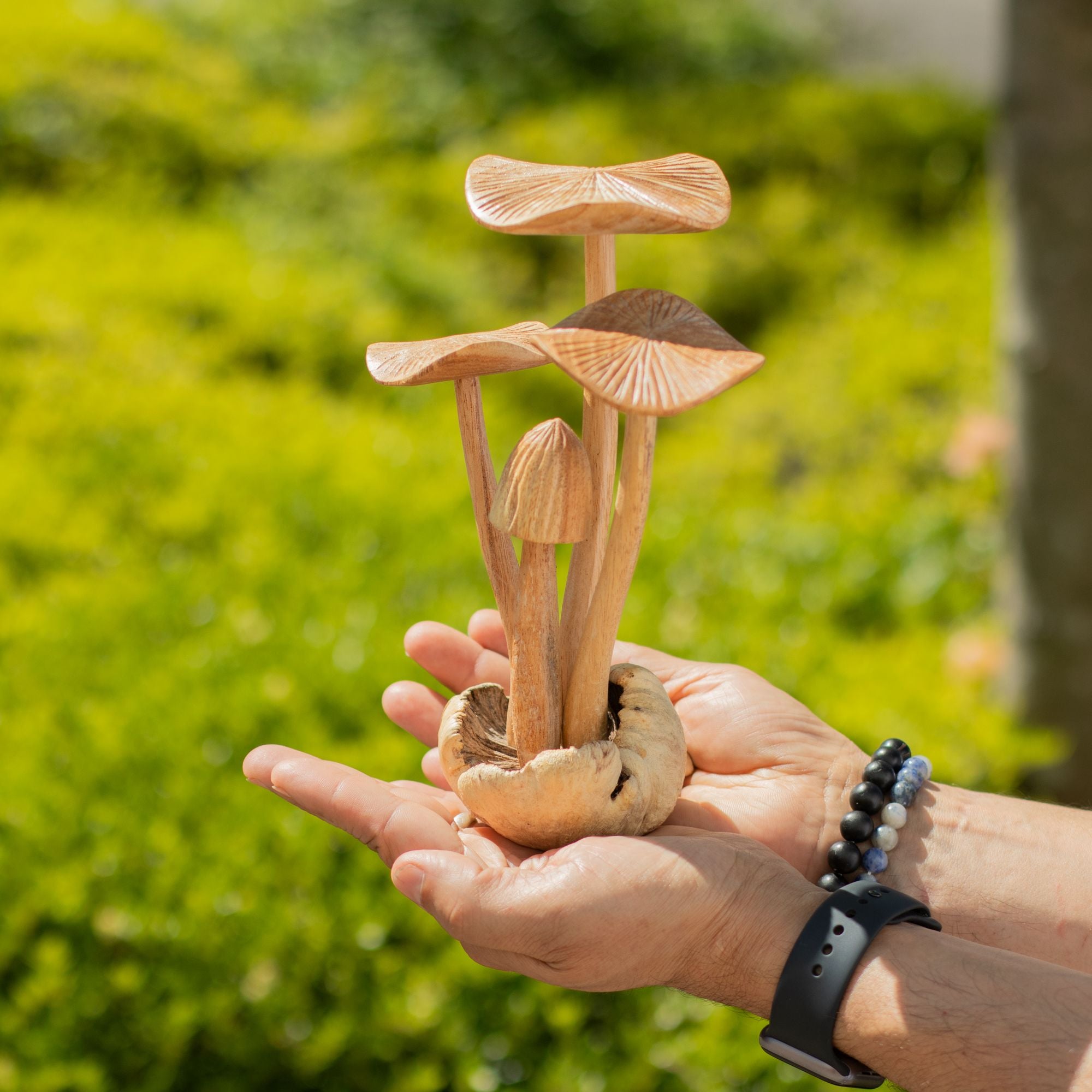 Set de 4 grandes hongos forestales tallados a mano en madera natural, ideales para regalo - Altura 14 cm, estilo rústico único, perfectos para decoración interior