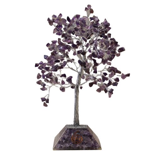 Árbol de la Suerte con Cristales de Amatista - 320 Piedras, Hojas Moradas, Base de Orgonita