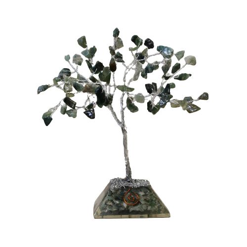 Árbol de la suerte con base de orgonita con 80 piedras de ágata musgosa
