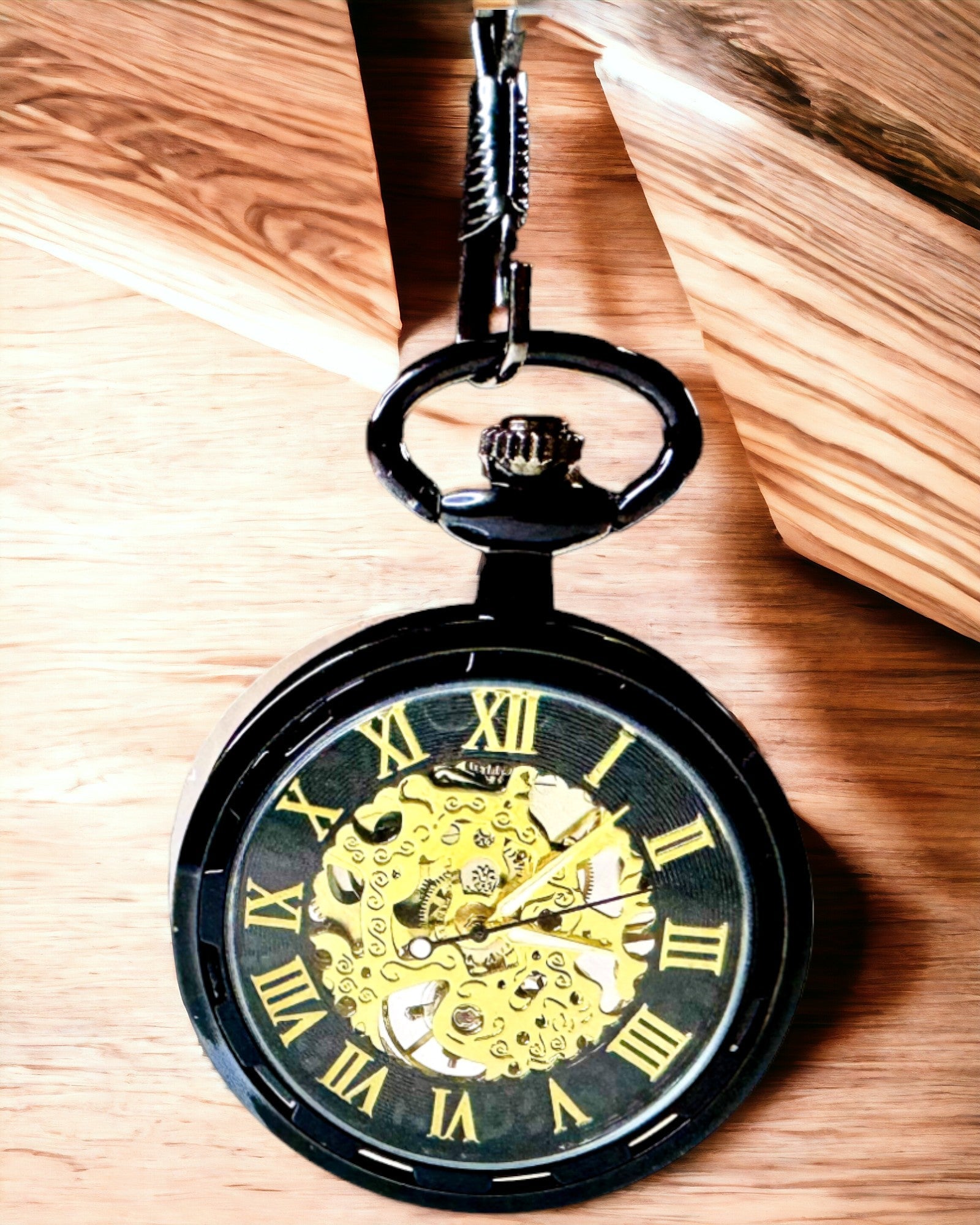 Reloj de Bolsillo Mecánico Estilo Retro, Resistente al Agua, Semiautomático - color Negro - Ideal para Regalo, grabado