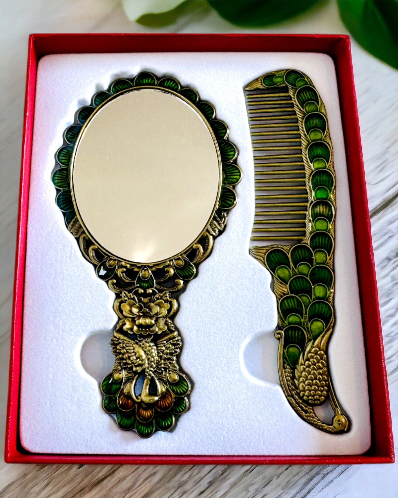 Conjunto Vintage con Espejo y Peine con Motivo de Pavo Real - Accesorios Cosméticos Decorativos