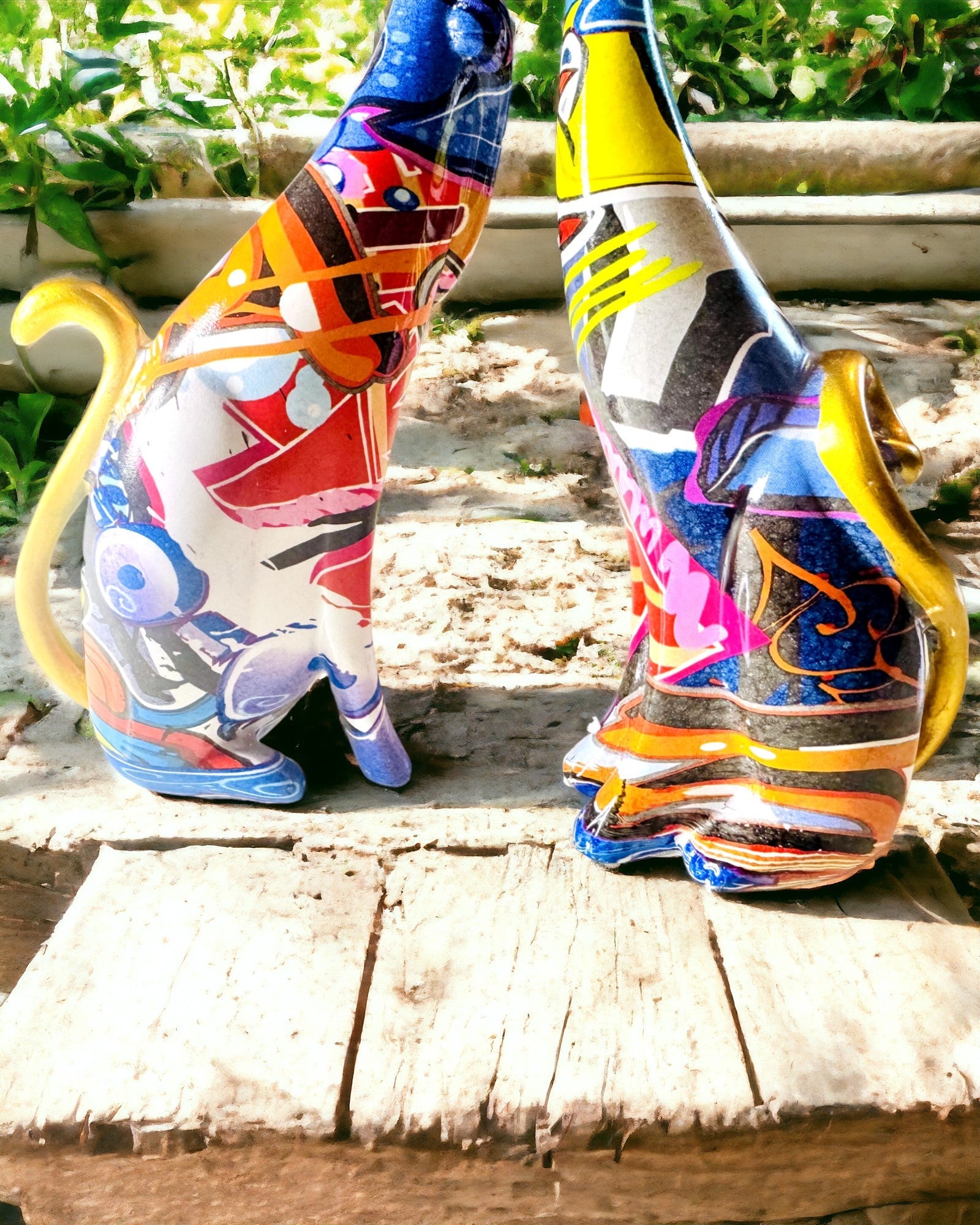 Figuras de Gatos Abstractos "ArtCats", Pintadas a Mano, Resina – 25 cm, 2 uds.