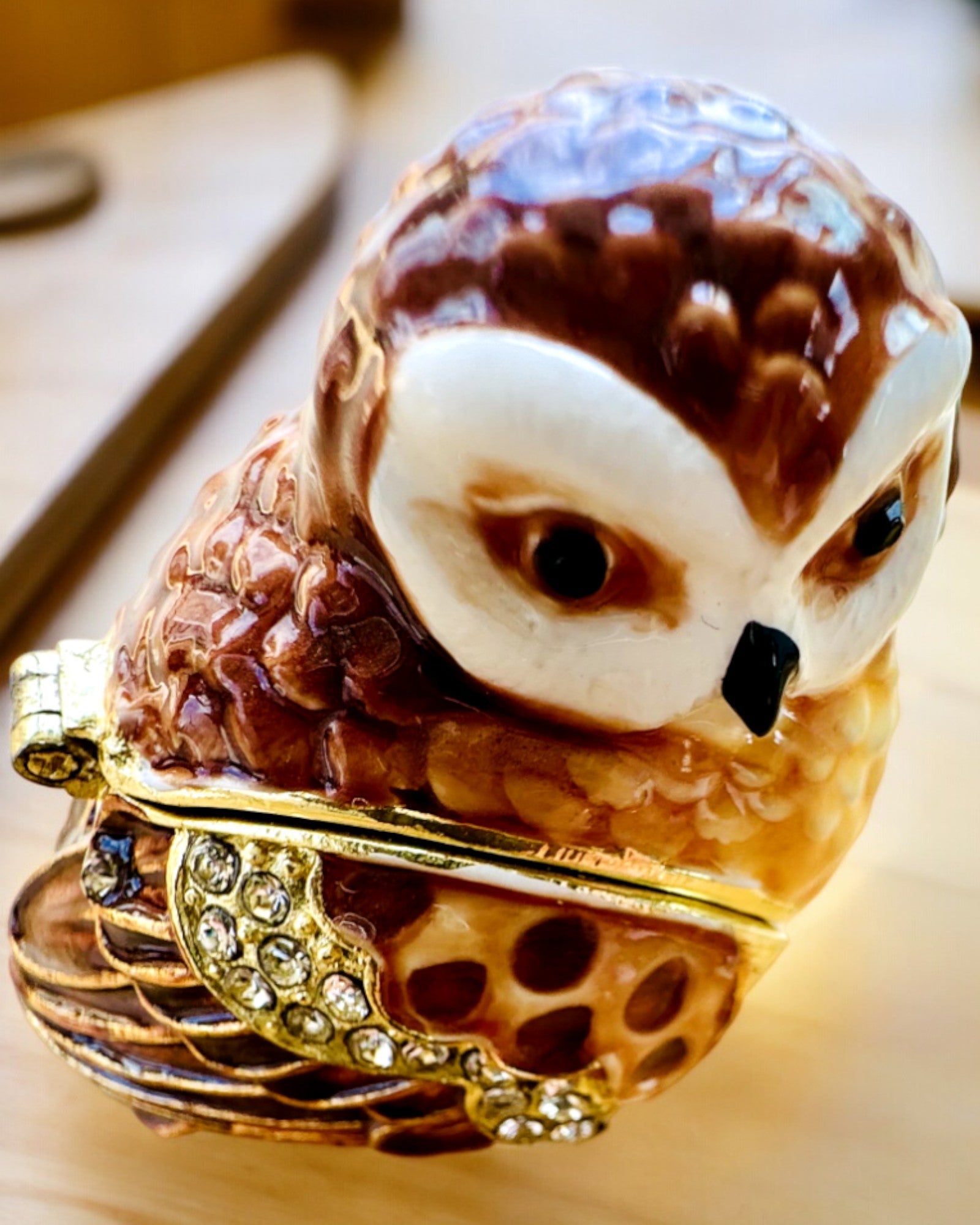 "Urocza Sówka z Kryształkami - Skrytka na Biżuterię z możliwością personalizacji grawerem, prezent" en español es: "Encantadora Lechuza con Cristales - Caja de Joyería con opción de personalización con grabado, regalo".