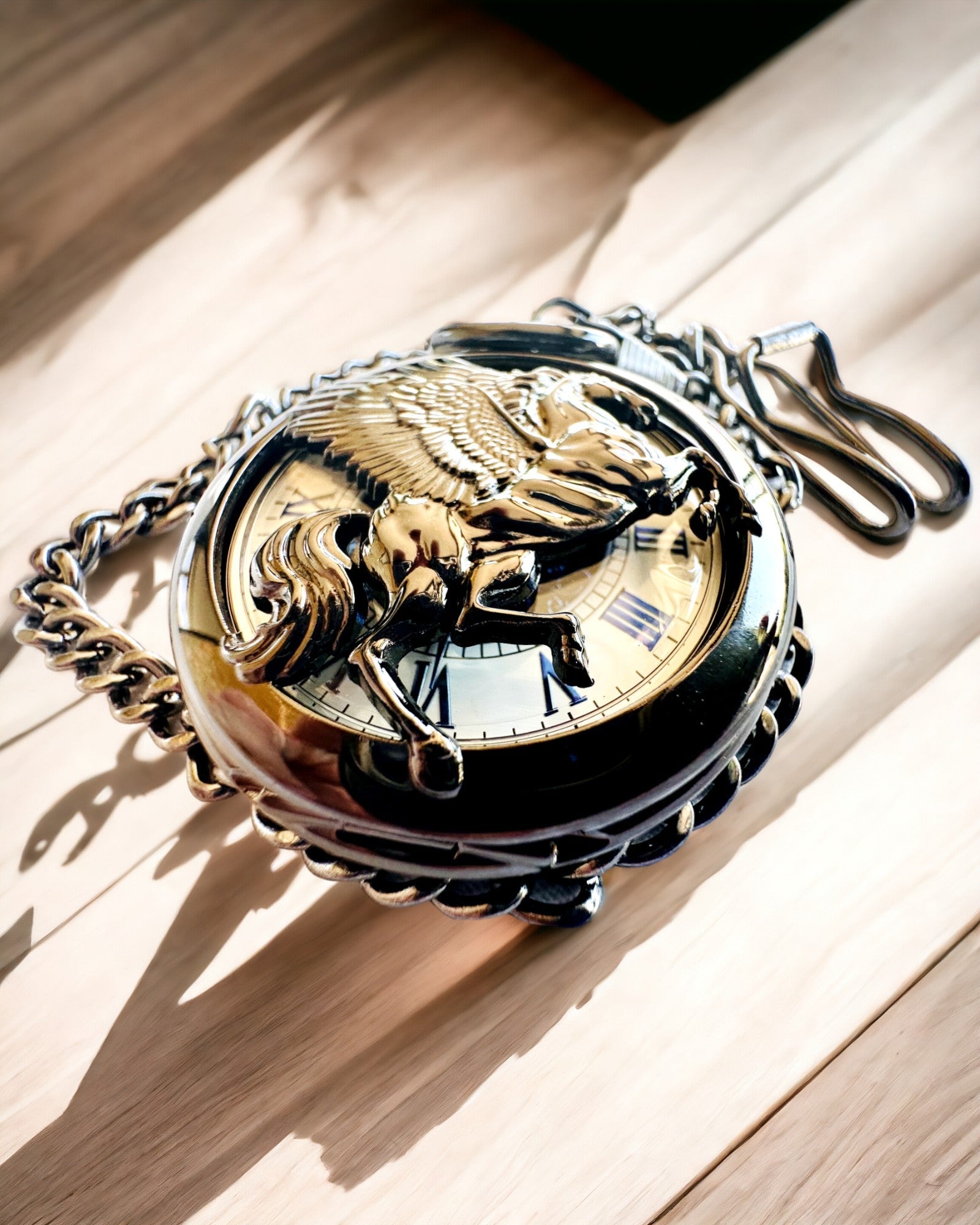 Reloj de Bolsillo "Equus Tempus" - Negro con Motivo de Caballo, posibilidad de personalización con grabado - esfera blanca