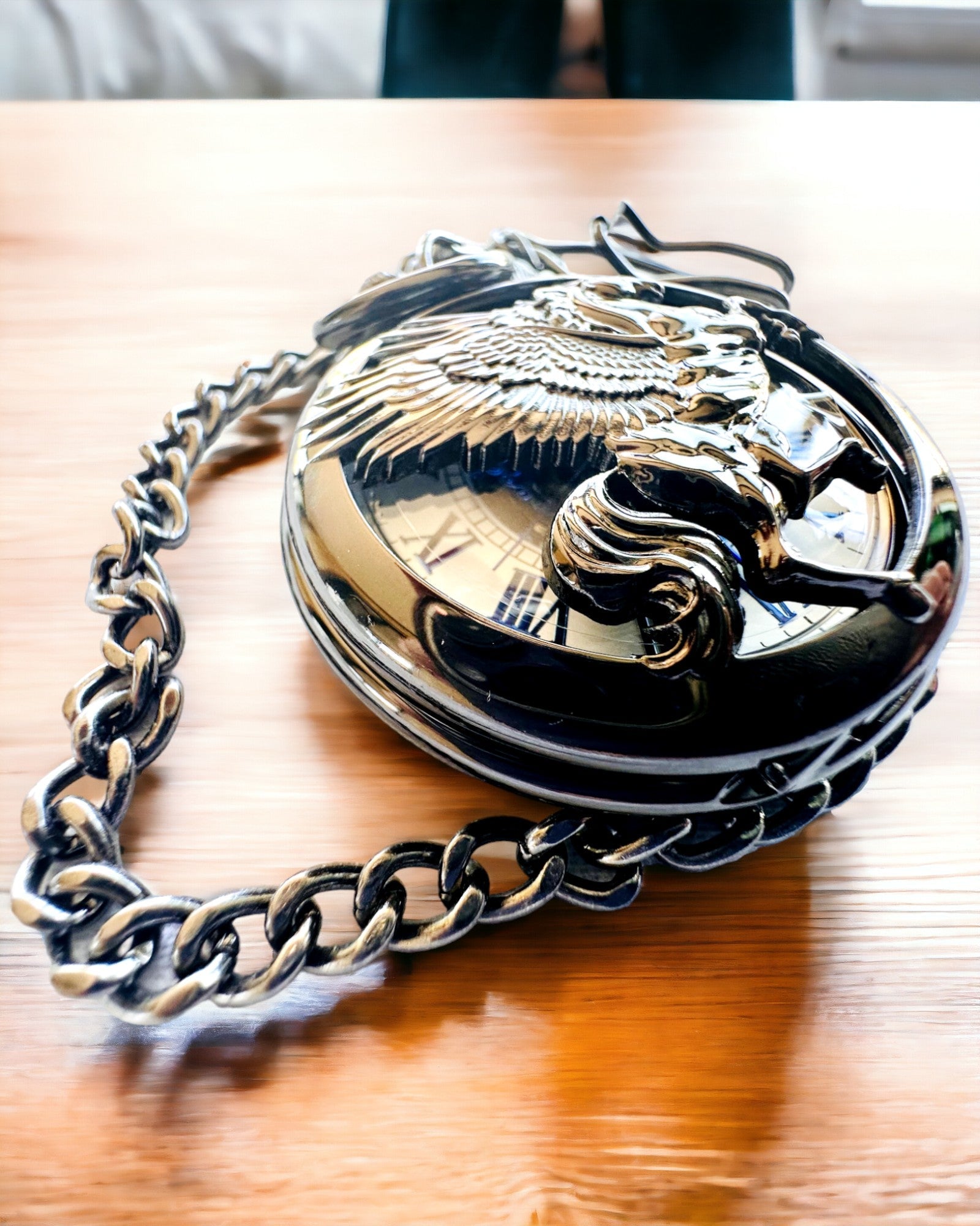 Reloj de Bolsillo "Equus Tempus" - Negro con Motivo de Caballo, posibilidad de personalización con grabado - esfera blanca