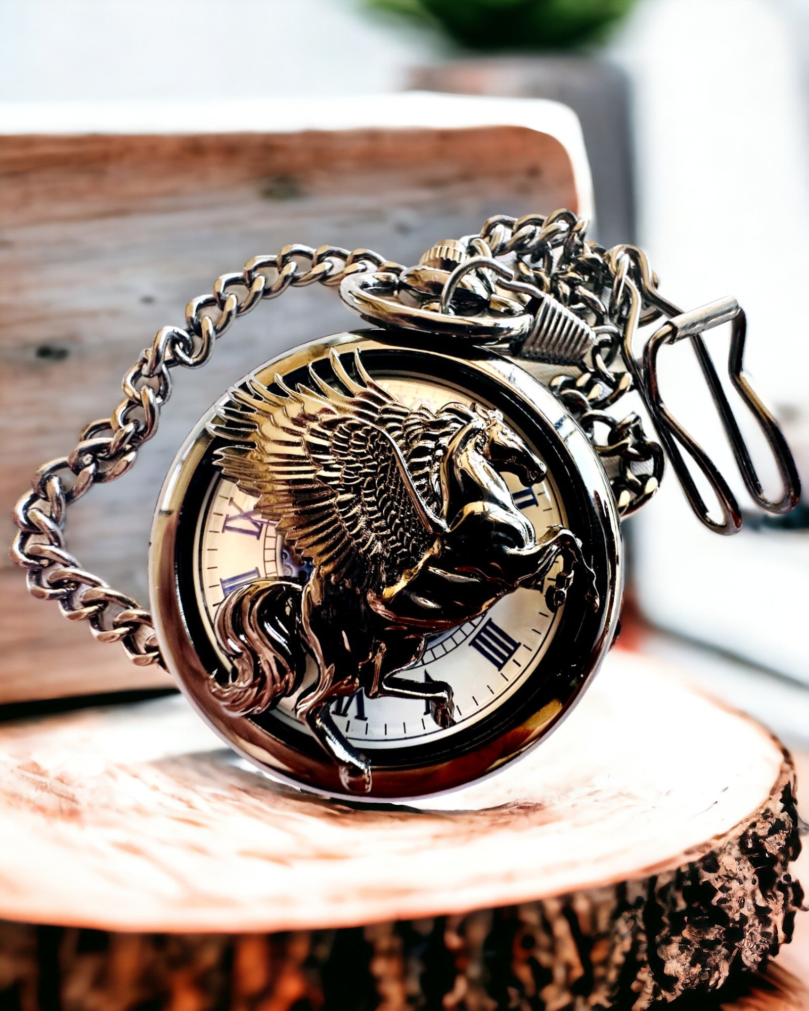 Reloj de Bolsillo "Equus Tempus" - Negro con Motivo de Caballo, posibilidad de personalización con grabado - esfera blanca