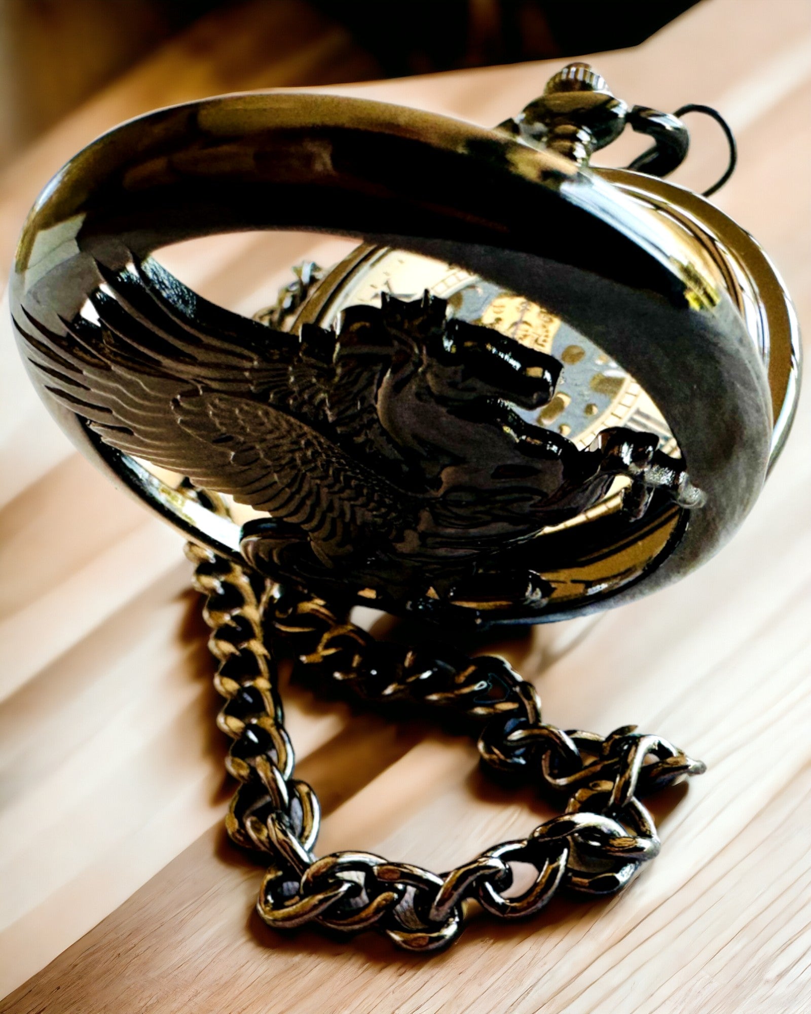 Reloj de Bolsillo "Equus Tempus" - Negro con Motivo de Caballo, posibilidad de personalización con grabado - esfera blanca