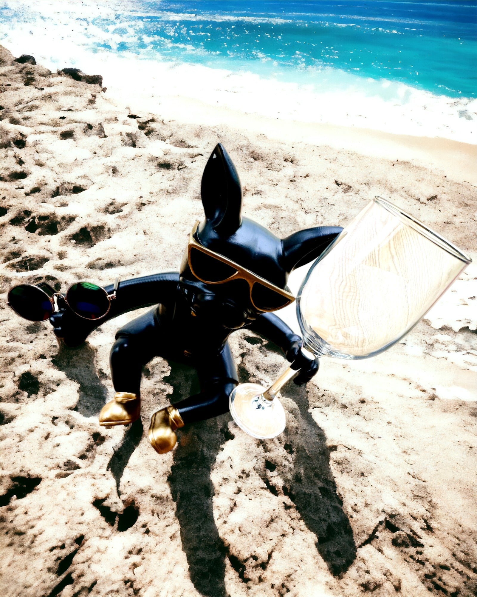 Figura Exclusiva "Bulldog Estiloso", color negro, soporte para copa de vino o champán, personalización con grabado