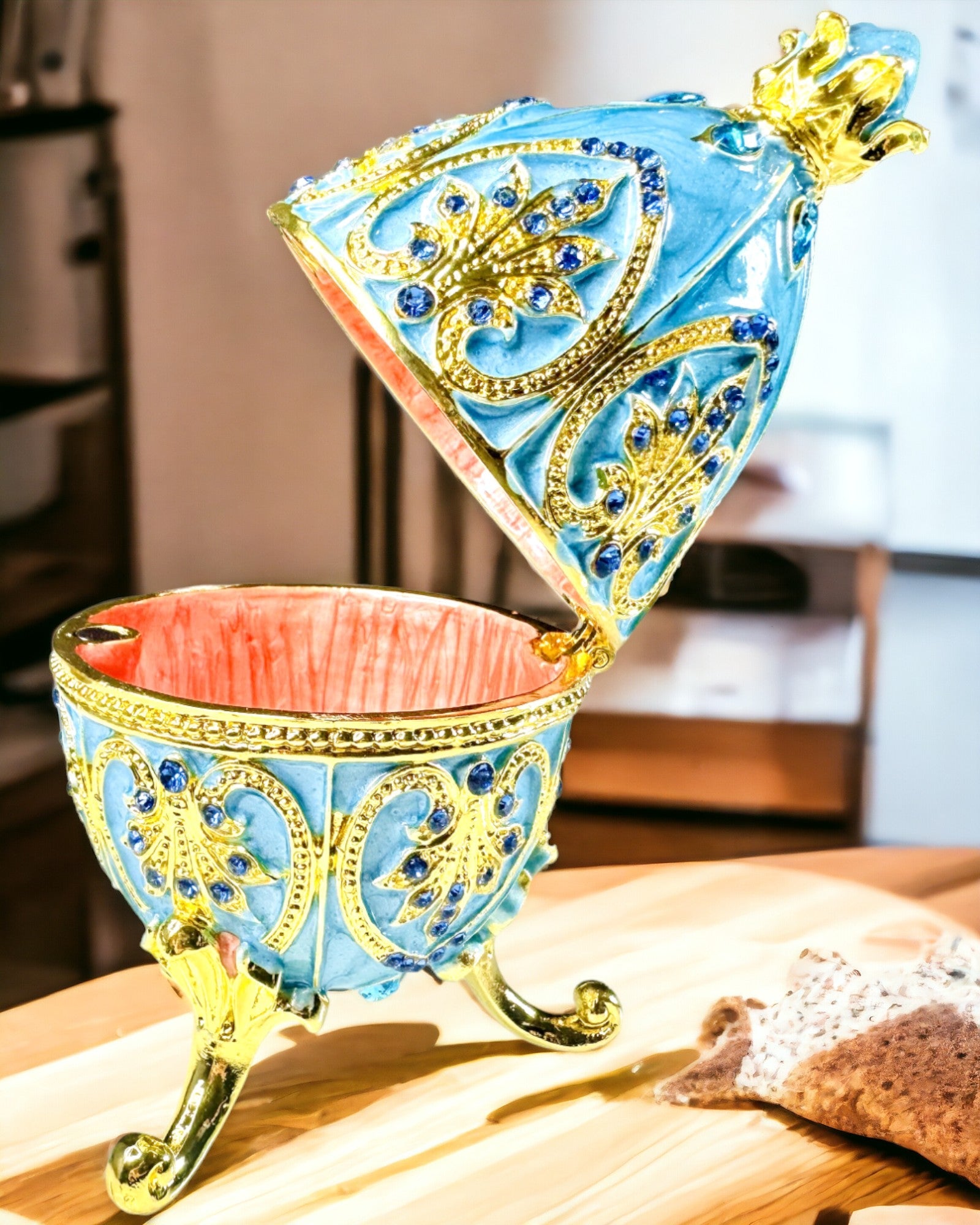 Huevo Fabergé Celestial – Organizador de Joyas Esmaltado - color azul cielo. Personalización con grabado