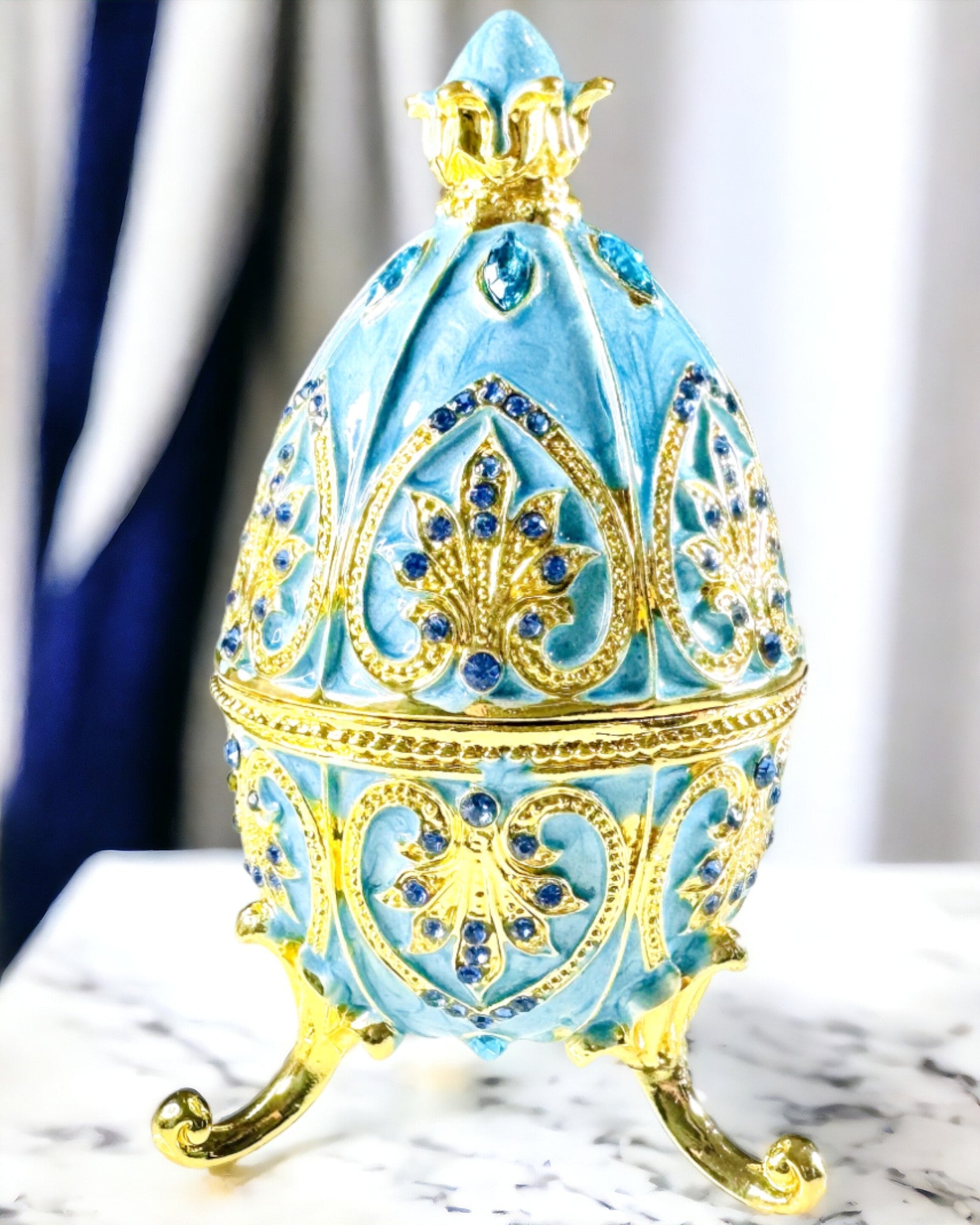 Huevo Fabergé Celestial – Organizador de Joyas Esmaltado - color azul cielo. Personalización con grabado