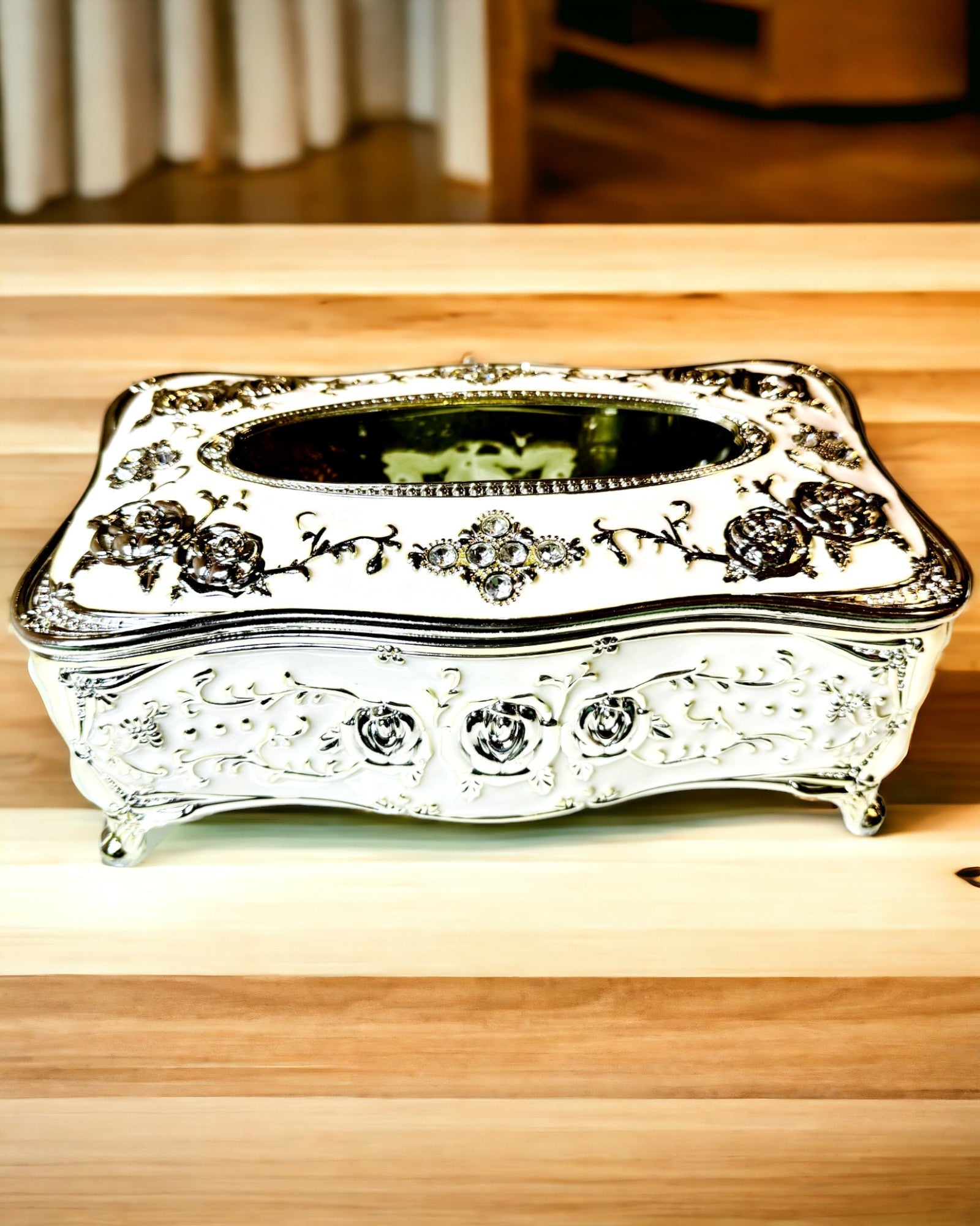 Caja de Pañuelos con Relieve de Patrón de Rosa - Elegante Complemento para Interiores, blanco