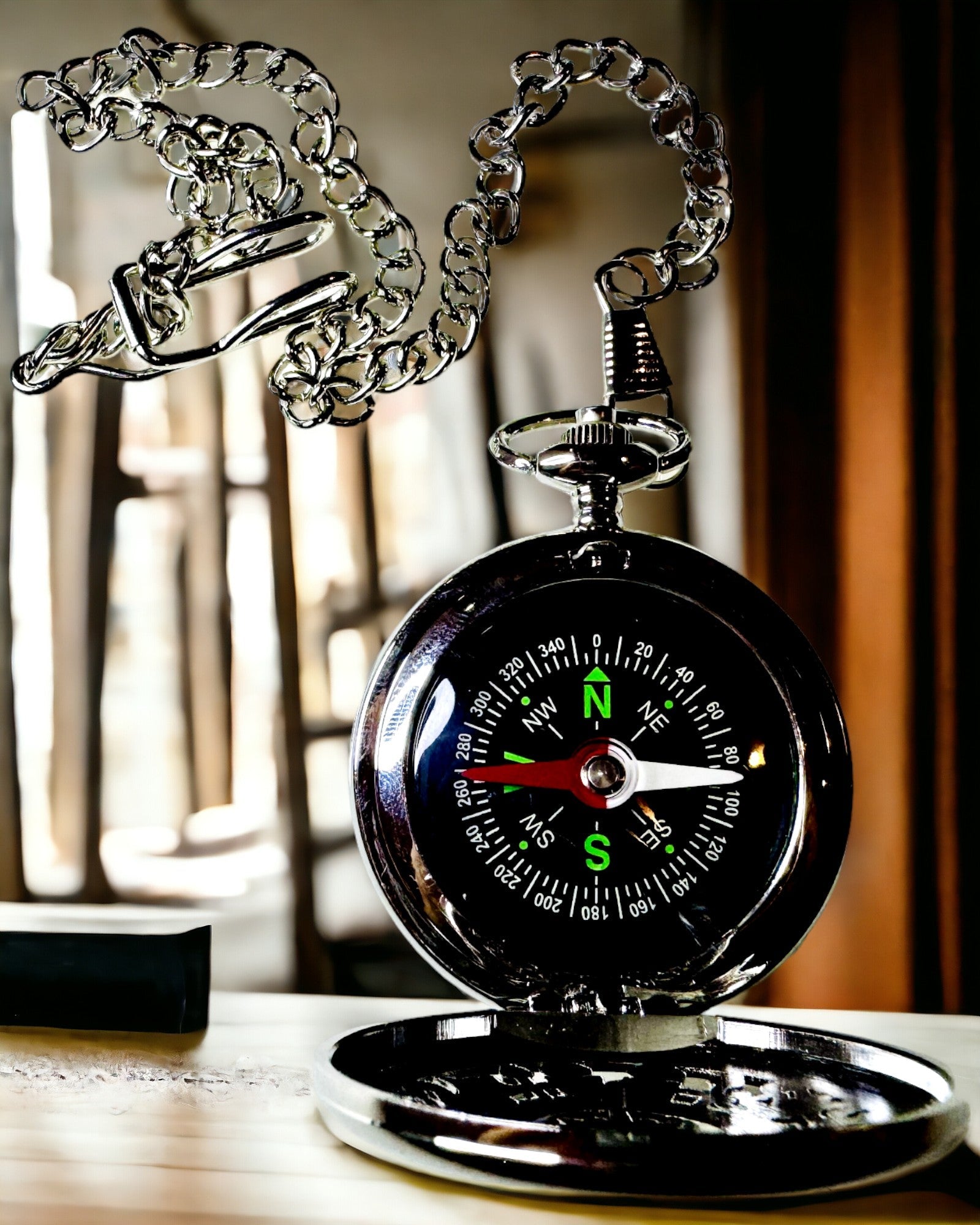 Compás de Bolsillo Color Plata en Estilo Retro con Diseño Calado – Elegante y Práctico. Grabado