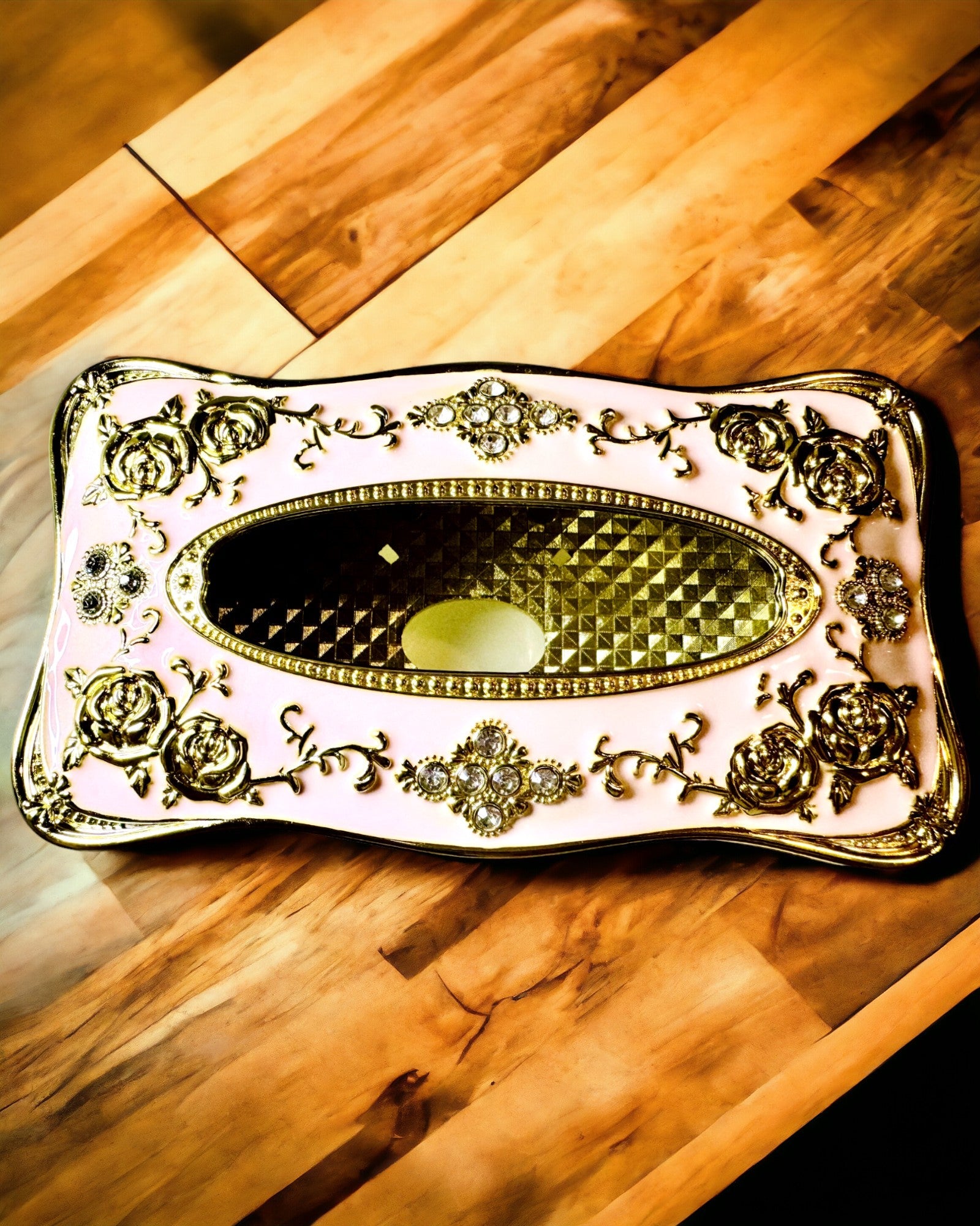 Caja Elegante Rosa para Pañuelos con Rosas en Relieve – Toque de Lujo para el Salón, Hotel o Club