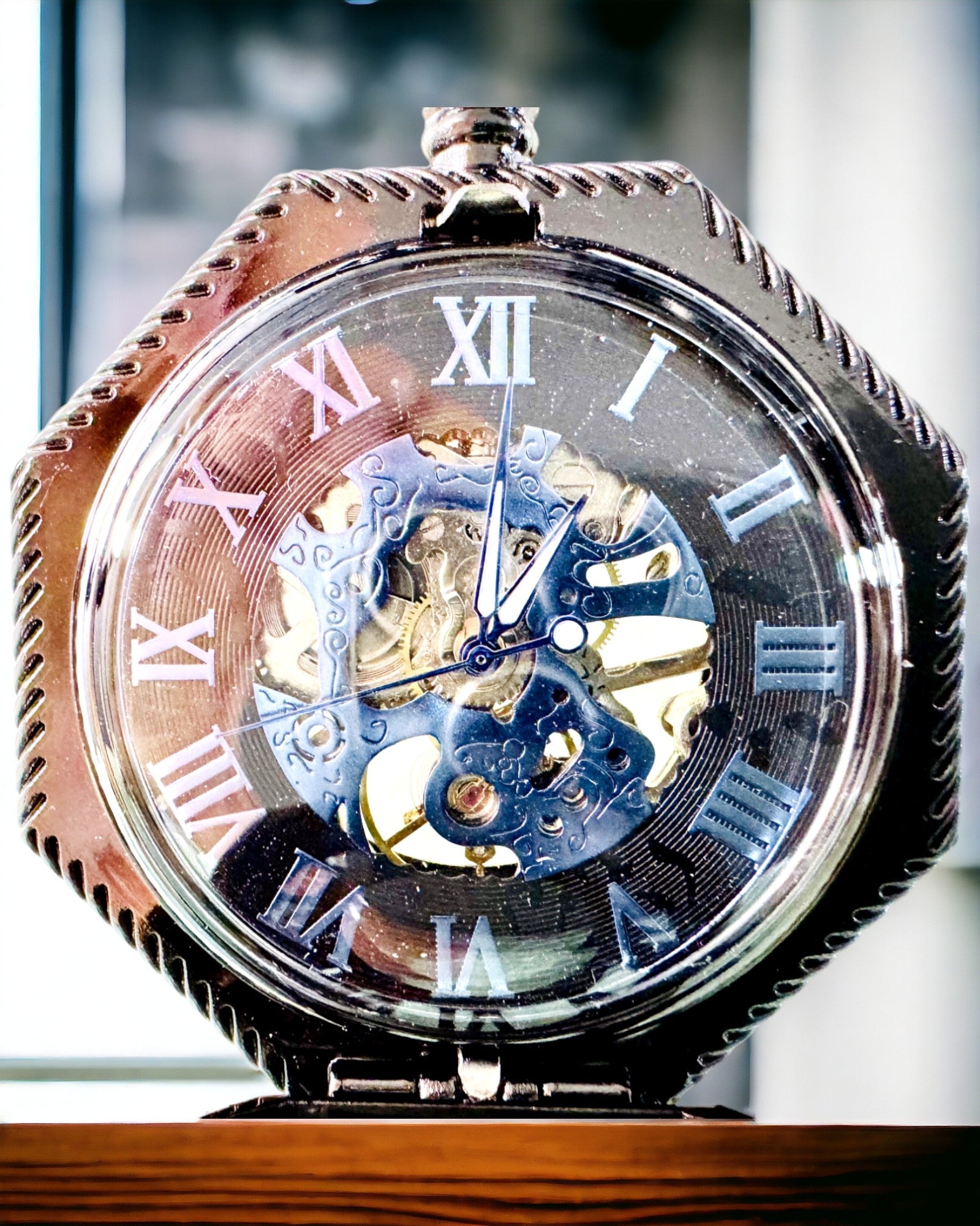 Reloj de Bolsillo Mecánico Clásico Octogonal Steampunk en Color Negro, Grabado