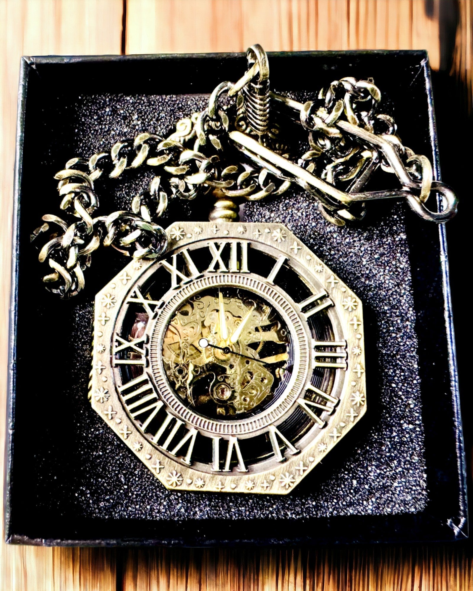 Reloj de Bolsillo Mecánico Clásico Octogonal Color Marrón Estilo Steampunk - Atemporal