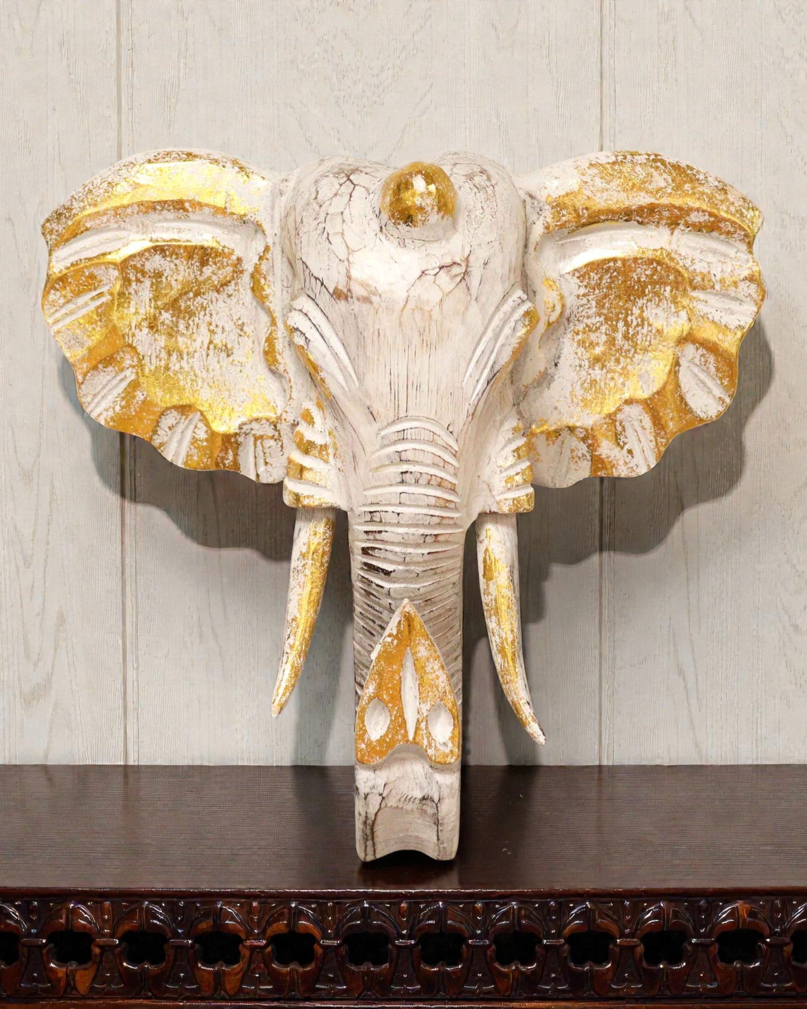 Cabeza de elefante grande 29x26 cm – Blanco y oro