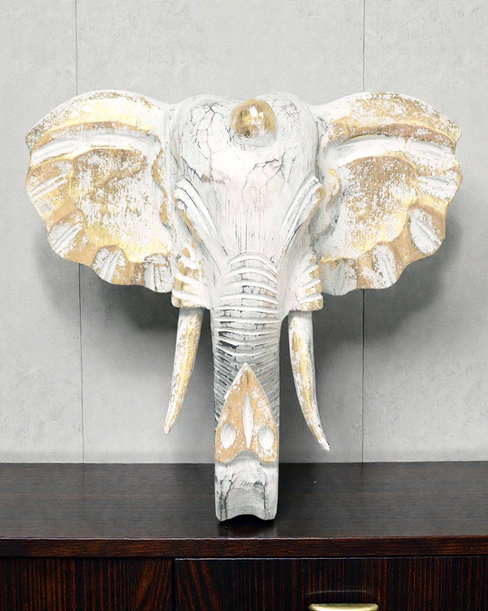 Cabeza de elefante grande 29x26 cm – Blanco y oro