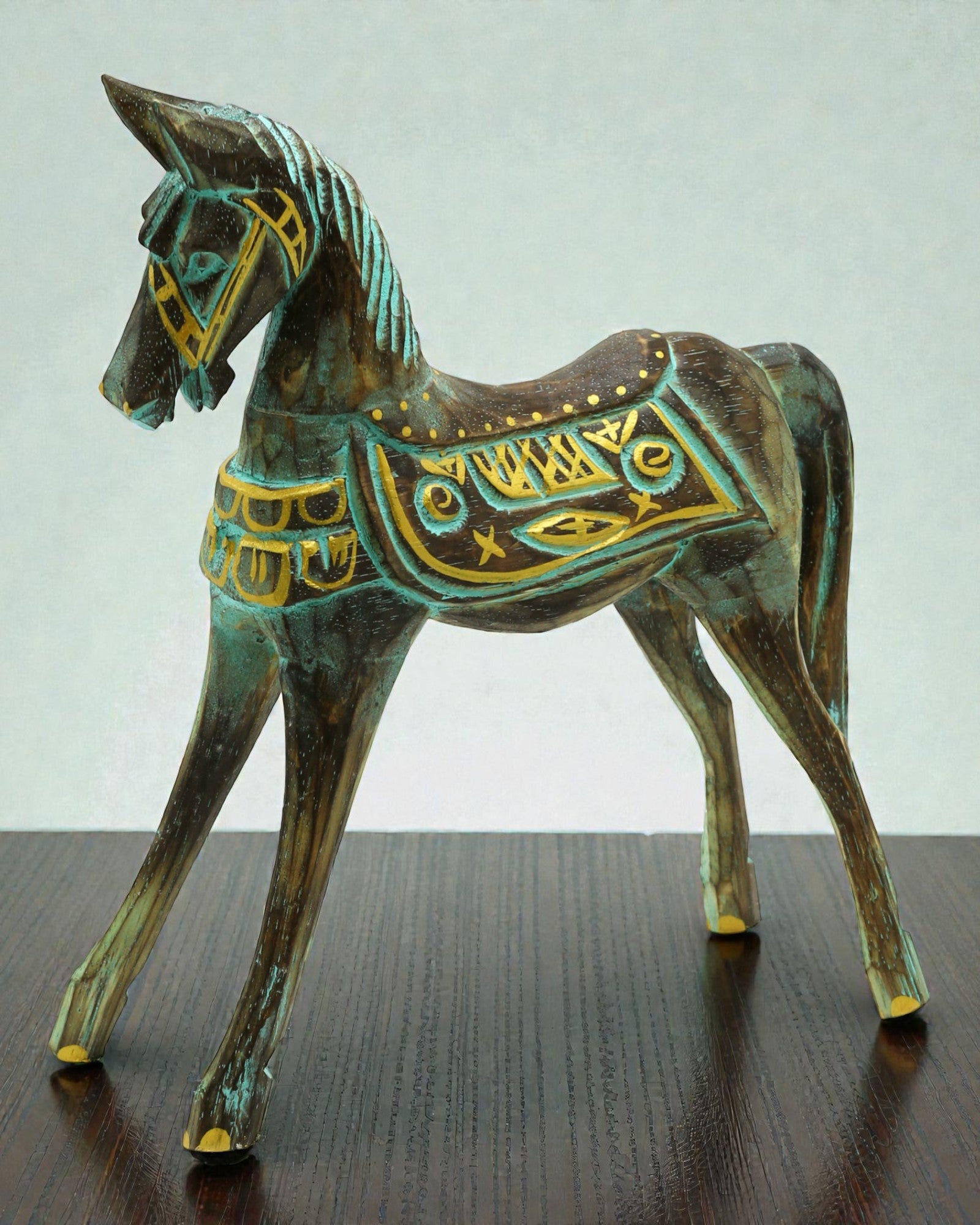 Caballo grande dorado-turquesa 32 cm – Acento oriental premium