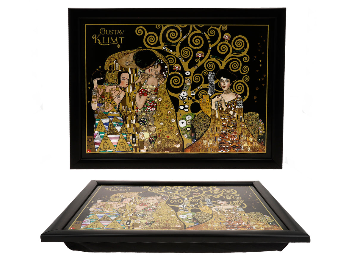 Soporte para portátil G. Klimt, El beso (CARMANI), personalizable mediante grabado, ideal para regalo, dimensiones 30.5x40.5cm, elegante y cómodo para trabajar sobre las rodillas