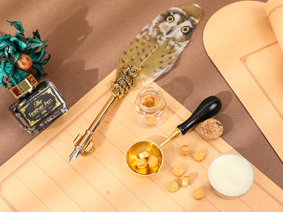 Juego de escritura - Pluma estilográfica con plumín, tinta y juego para sellos, personalizable mediante grabado