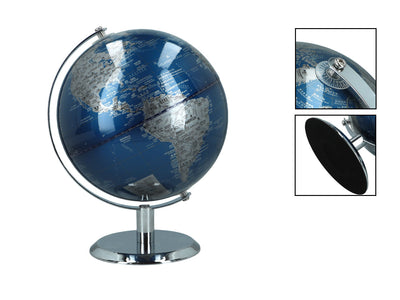 Globo terráqueo decorativo pequeño en tonos azul y plateado, personalizable con grabado, ideal como regalo, altura de 20 cm, elegante decoración para el salón con nombres geográficos en inglés y chino.