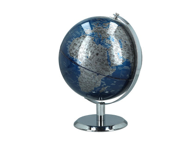 Globo terráqueo decorativo pequeño en tonos azul y plateado, personalizable con grabado, ideal como regalo, altura de 20 cm, elegante decoración para el salón con nombres geográficos en inglés y chino.