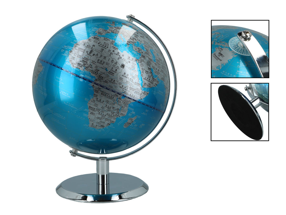 Globo terráqueo decorativo grande en color azul plateado, personalizable con grabado, 23 cm de altura