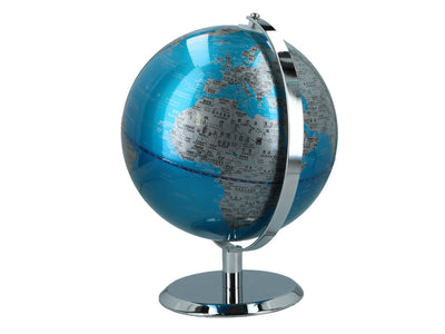 Globo terráqueo decorativo grande en color azul plateado, personalizable con grabado, 23 cm de altura