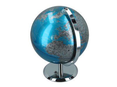 Globo terráqueo decorativo grande en color azul plateado, personalizable con grabado, 23 cm de altura