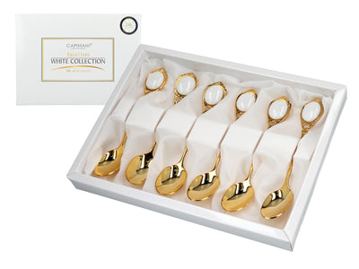 Juego de 6 cucharillas chapadas en oro de 24K Ojos blancos CARMANI, personalizable mediante grabado - regalo elegante para cualquier ocasión, dimensiones 13 cm