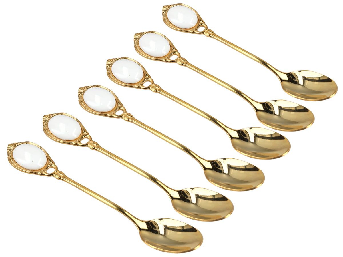Juego de 6 cucharillas chapadas en oro de 24K Ojos blancos CARMANI, personalizable mediante grabado - regalo elegante para cualquier ocasión, dimensiones 13 cm