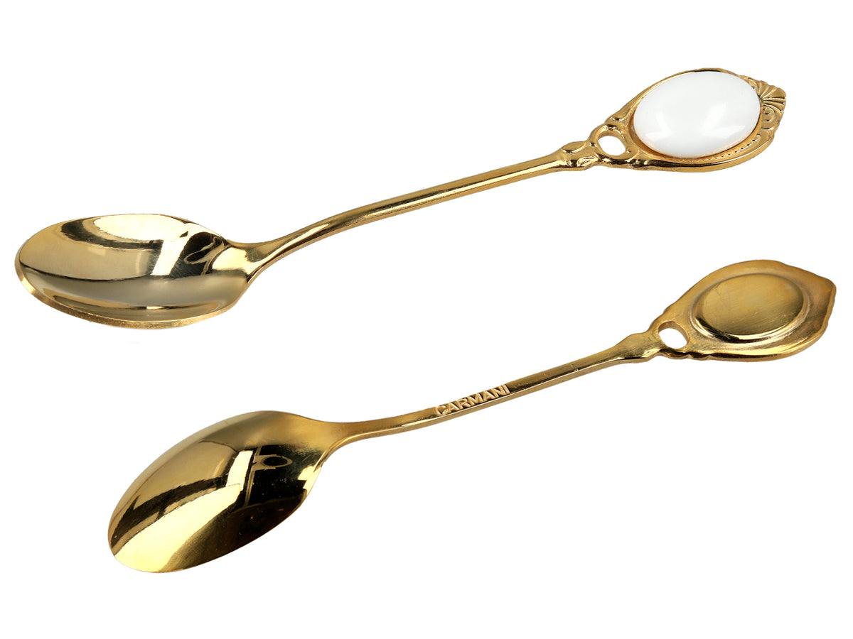 Juego de 6 cucharillas chapadas en oro de 24K Ojos blancos CARMANI, personalizable mediante grabado - regalo elegante para cualquier ocasión, dimensiones 13 cm