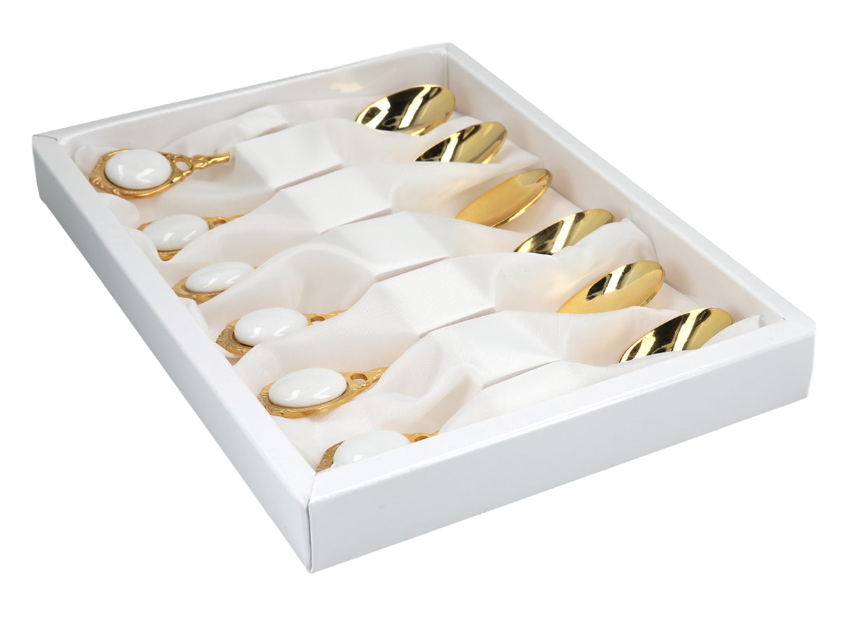Juego de 6 cucharillas chapadas en oro de 24K Ojos blancos CARMANI, personalizable mediante grabado - regalo elegante para cualquier ocasión, dimensiones 13 cm