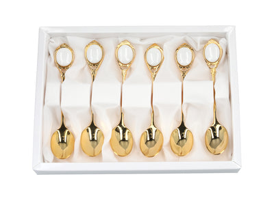 Juego de 6 cucharillas chapadas en oro de 24K Ojos blancos CARMANI, personalizable mediante grabado - regalo elegante para cualquier ocasión, dimensiones 13 cm