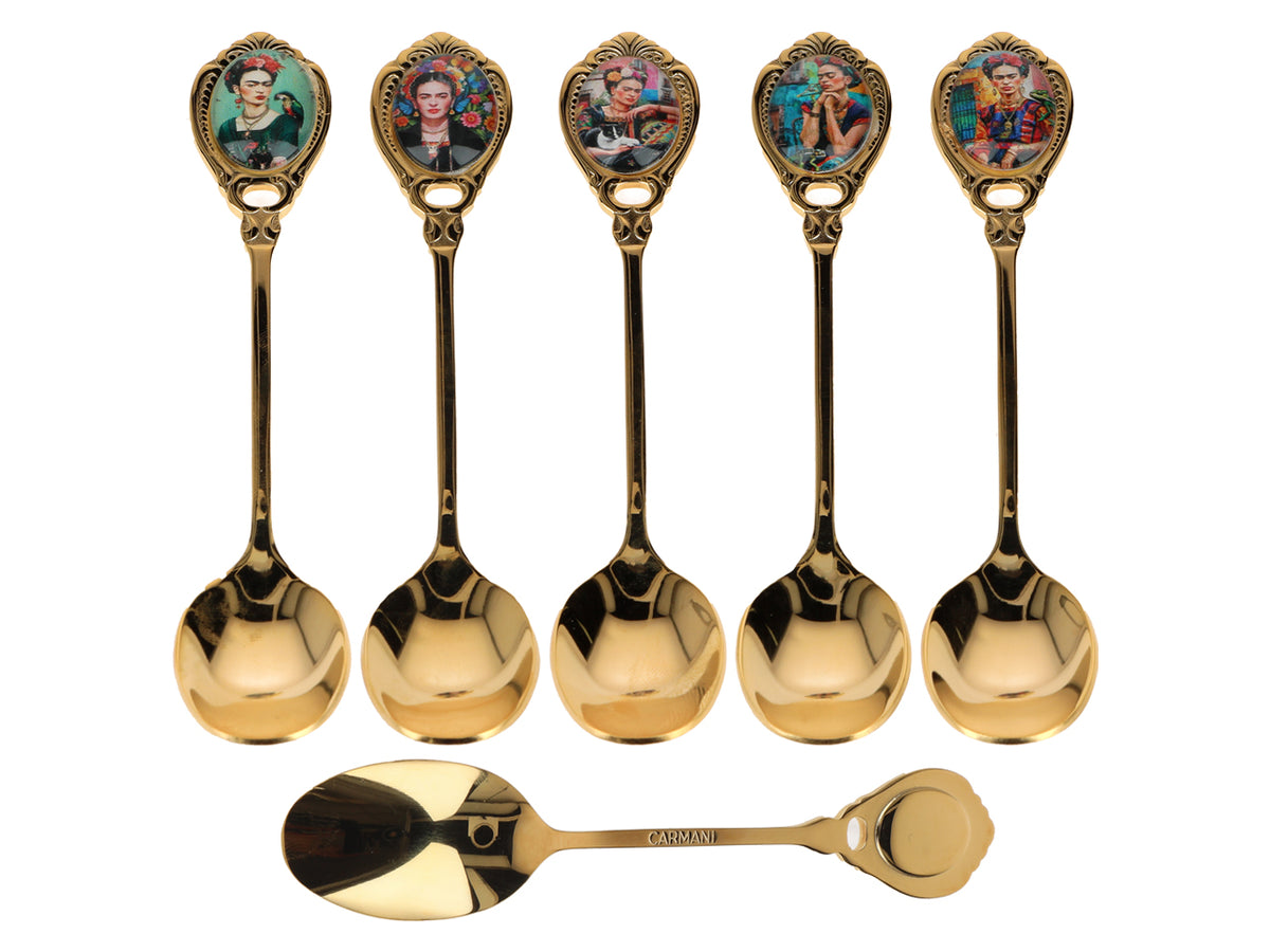 Set de 6 cucharillas recubiertas de oro de 24K F. Kahlo personalizable con grabado - elegantes cubiertos para regalo, 13 cm, CARMANI