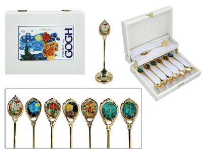 Set de 6 cucharillas recubiertas de oro de 24K con 1 cucharilla para azúcar - V. van Gogh, surtido, personalizable con grabado, elegante estuche para regalo, dimensiones 13 cm