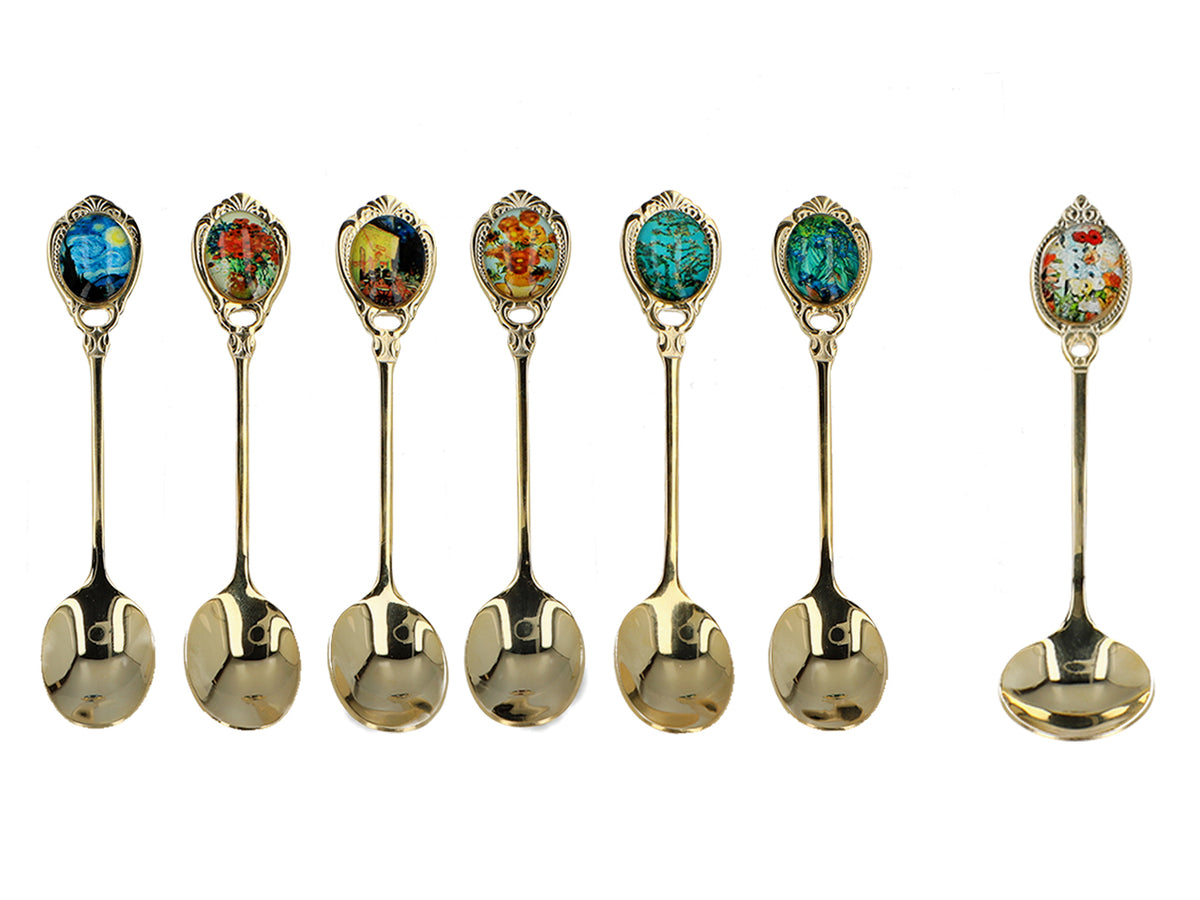 Set de 6 cucharillas recubiertas de oro de 24K con 1 cucharilla para azúcar - V. van Gogh, surtido, personalizable con grabado, elegante estuche para regalo, dimensiones 13 cm