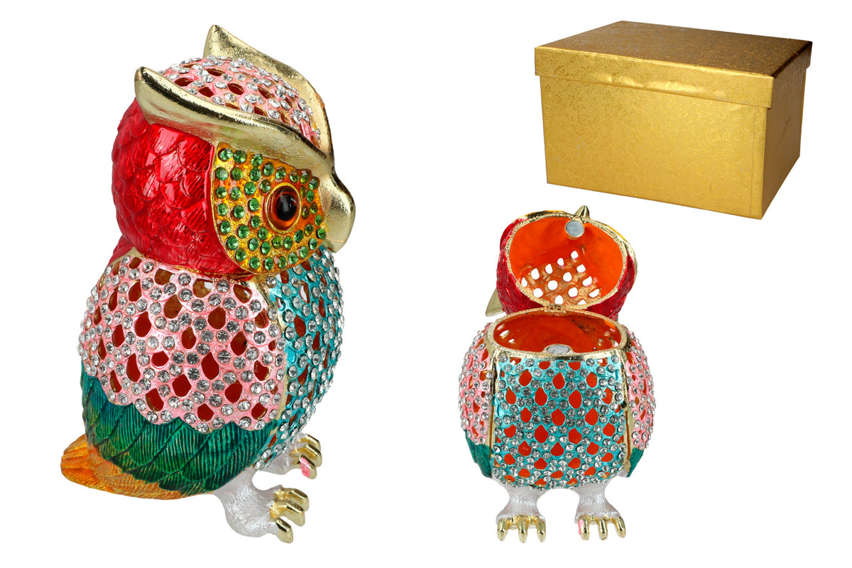 Joyero metálico calado con forma de búho, personalizable con grabado, ideal como regalo, altura de 15,5 cm, decorativo y funcional para guardar joyas