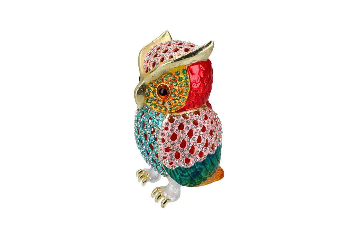 Joyero metálico calado con forma de búho, personalizable con grabado, ideal como regalo, altura de 15,5 cm, decorativo y funcional para guardar joyas