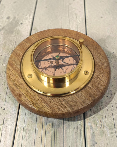 Elegante brújula decorativa con acabado de latón, grabado personalizado, 15 cm, ideal para regalo a amantes de los viajes, hecha de madera y vidrio