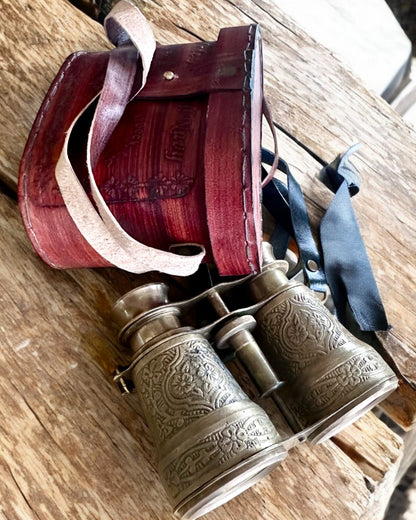 Prismáticos con estuche de cuero Victorian's Eye, 11 cm de latón, decorados a mano, personalización con grabado para regalo
