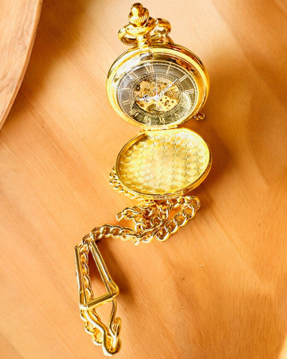 Reloj de Bolsillo Grand Elegance con Doble Tapa, Manual, Color Dorado, con grabado para regalo