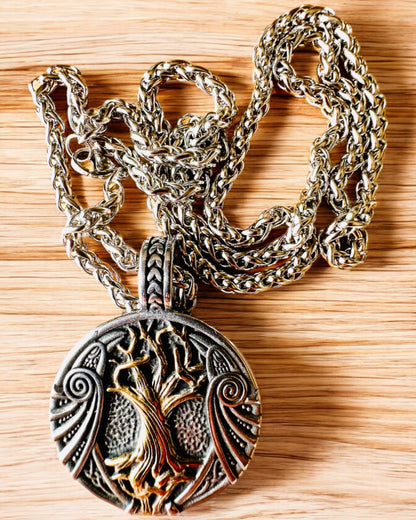 Collar "Árbol de la Vida" de acero inoxidable con personalización, con el símbolo Aegishjalmur, (Casco del Terror)