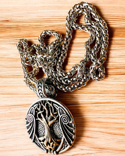 Collar "Árbol de la Vida" de acero inoxidable con personalización, con el símbolo Aegishjalmur, (Casco del Terror)