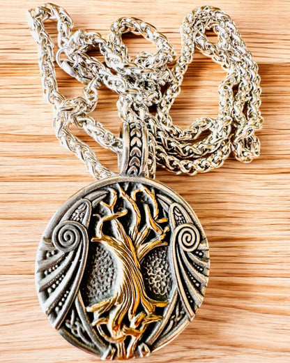 Collar "Árbol de la Vida" de acero inoxidable con personalización, con el símbolo Aegishjalmur, (Casco del Terror)