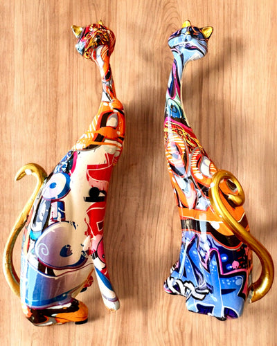 Figuras de Gatos Abstractos "ArtCats", Pintadas a Mano, Resina – 25 cm, 2 uds.