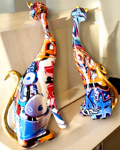 Figuras de Gatos Abstractos "ArtCats", Pintadas a Mano, Resina – 25 cm, 2 uds.